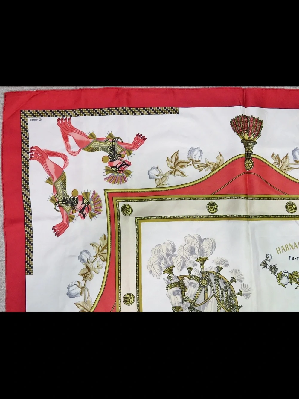 Hermes White Red and Gold Horse Harness Silk Scarf